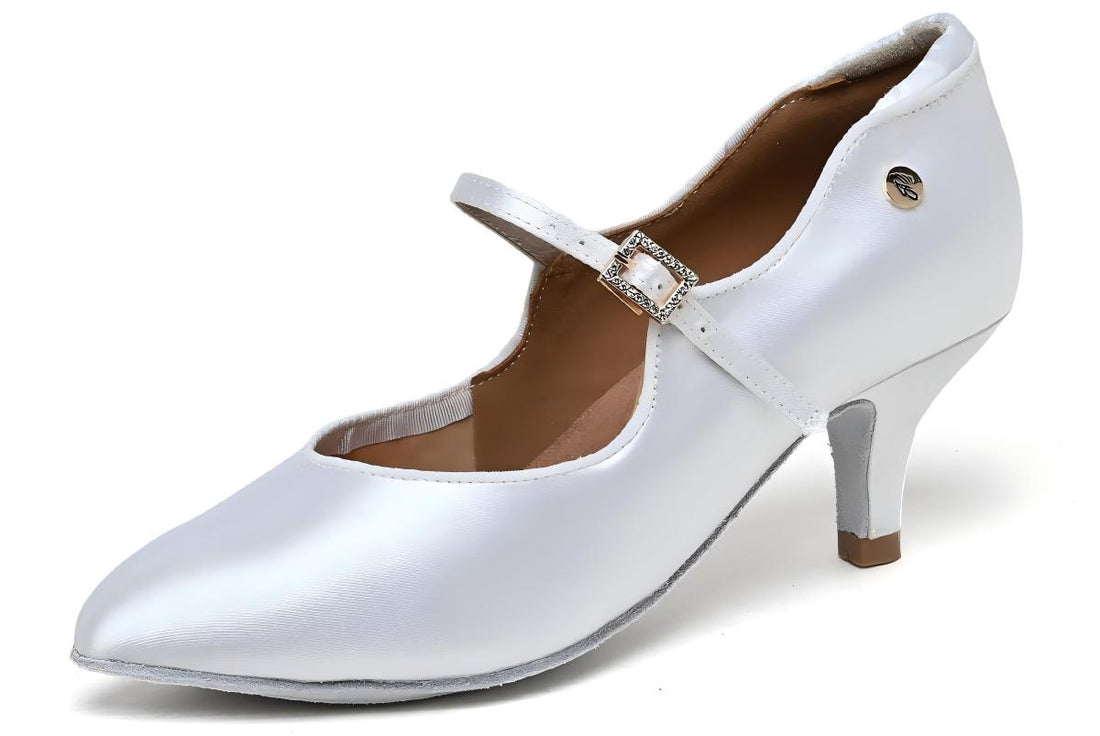 AM8011 white closed-toe women's ballroom shoe with a buckle strap