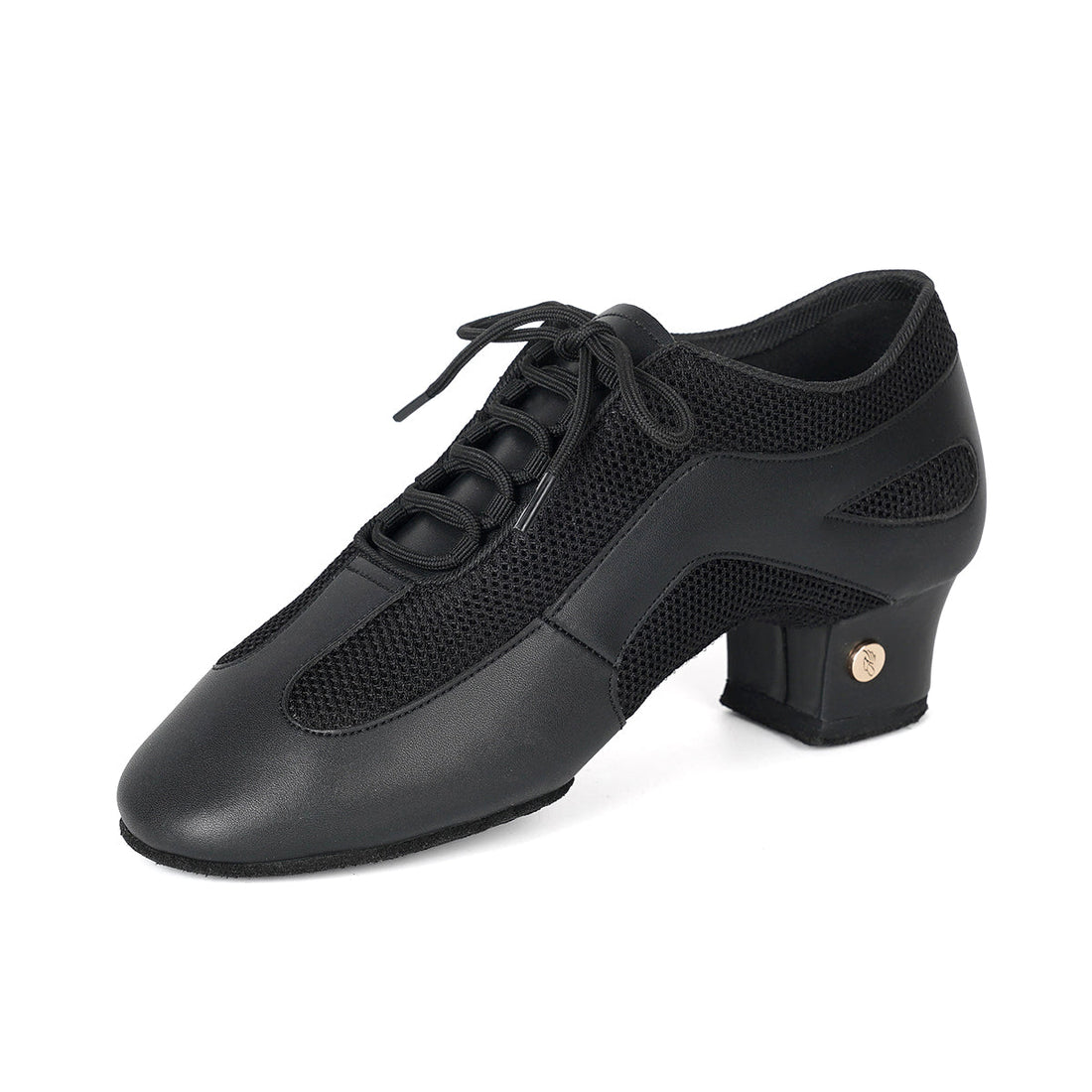 J3010-1 black lace-up teaching shoe with textured panels and a raised heel