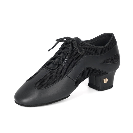 J3010-1 black lace-up teaching shoe with textured panels and a raised heel